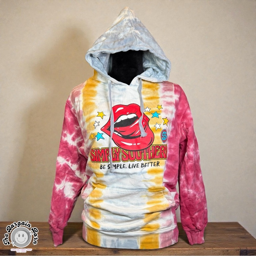 Simply Southern Tie Dye Hoodie Graphic Lips Stars Pullover Sweatshirt (Small)